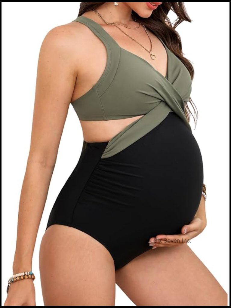 Maternity One Piece Swimsuit V Neck Front Wrap Criss Cross Cutout Ruched